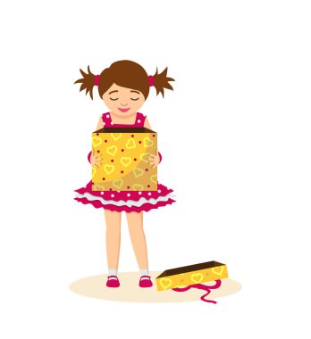 The girl opens a birthday gift, waiting for the surprise. clipart