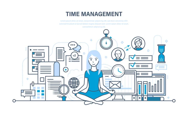 Time management, workflow, organisatie, controle van de verrichtingen van het resultaat, — Stockvector