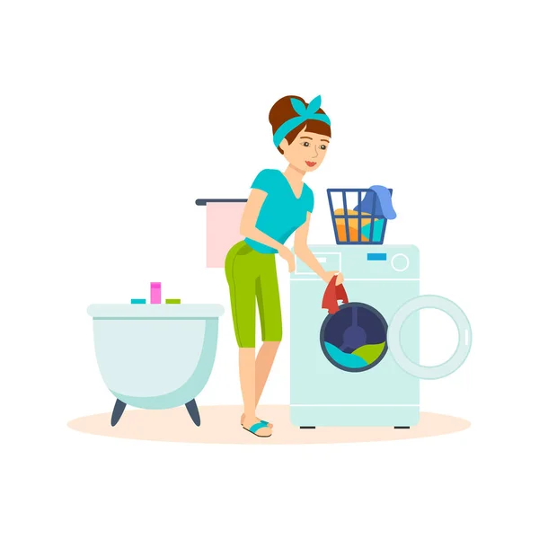 Joven ama de casa en el baño, cosas limpias y lavadas . — Vector de stock