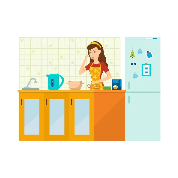 Woman housewife is engaged in preparing a meal in kitchen. — Stock Vector