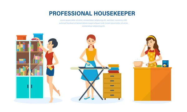 Dona de casa profissional, na sala de estar, cozinha, quarto, assuntos internos engajados . — Vetor de Stock