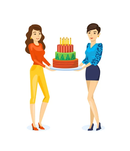 Girls endure a birthday cake for guests in beautiful dresses. — Stock Vector