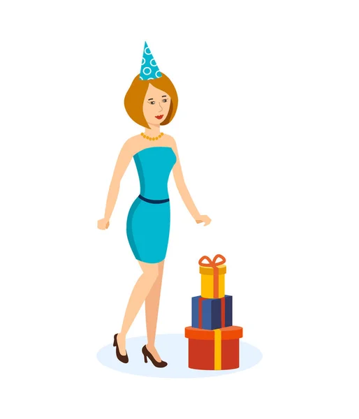 Ragazza in un bel vestito e cappello, festeggiando il compleanno . — Vettoriale Stock