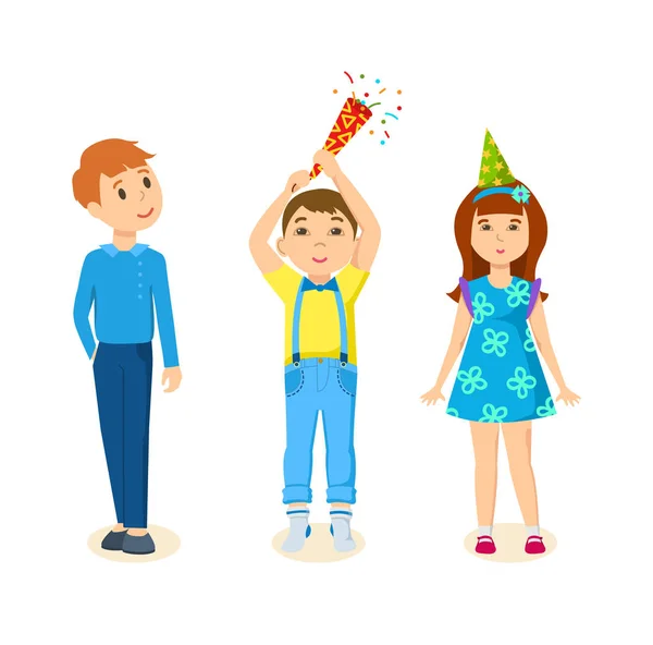 Kinder feiern gemeinsam den Geburtstag mit explodierenden Feuerwerkskörpern. — Stockvektor