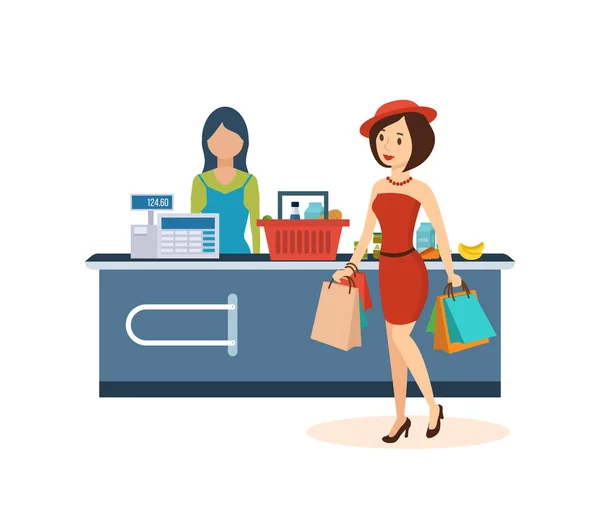 Fashionable girl, makes a large purchase at the grocery store. — Stock Vector