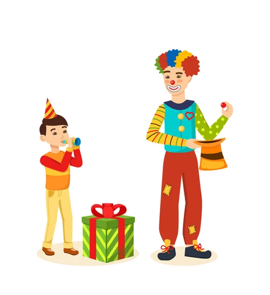 Clown animator shows tricks and scenes, amusing, delighting guests. — Stock Vector
