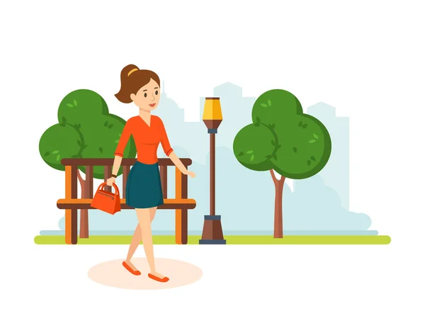 Girl in skirt and blouse, walks in the park resting. Stock Vector