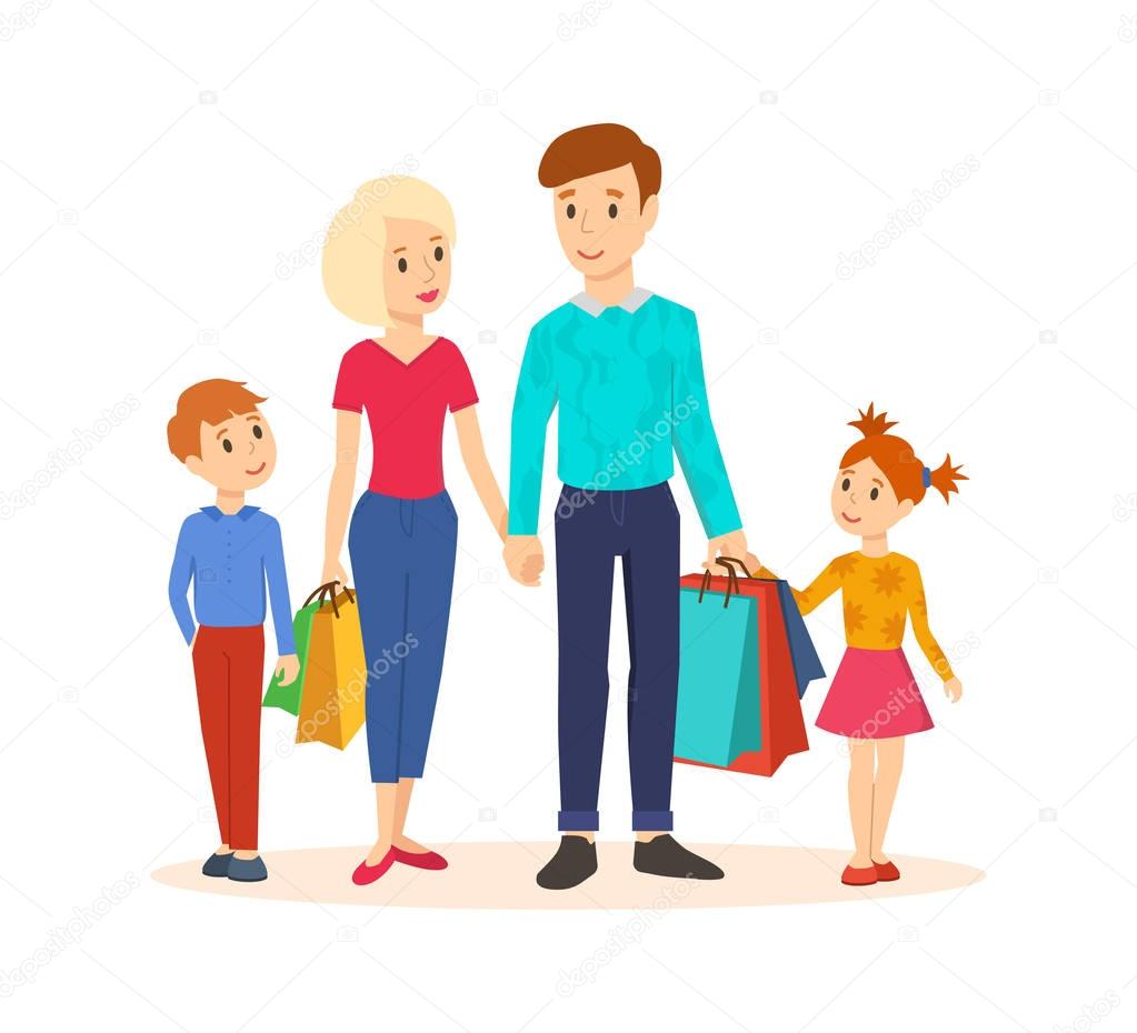 Young family goes along with joint purchases at the mall.
