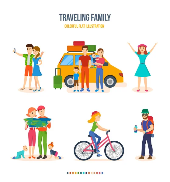 Podróży rodziny, wspólne wyjazdy, wycieczki rowerowe, podróż, Turystyka z dziećmi — Wektor stockowy