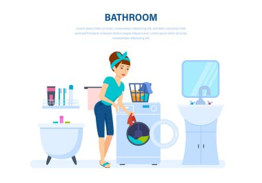 Banyoda, genç ev hanımı şeyler temizlenmiş ve yıkanmış.