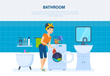 Banyoda, genç ev hanımı şeyler temizlenmiş ve yıkanmış.