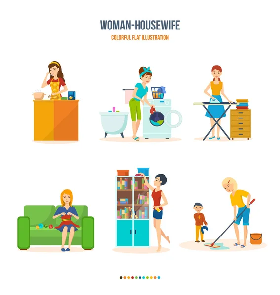 Kvinna-hemmafru, i badrum, kök, sovrum, inrikes — Stock vektor