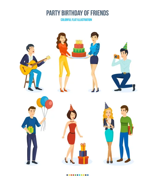 Party birthday of friends, songs, cake, photo and gifts. — Stock Vector