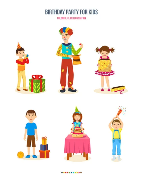 Fiesta de cumpleaños para niños, regalos, tarta, diversión y sorpresas — Vector de stock