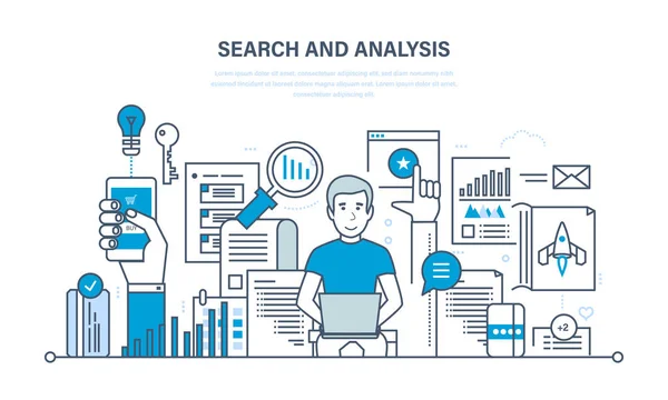 Zoek- en analyse van informatie, marketing, onderzoek, statistieken-analytics. — Stockvector