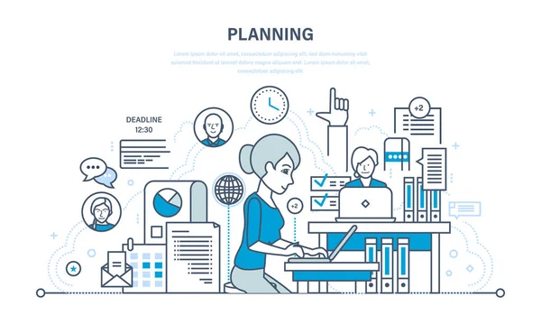 Gestión del tiempo, planificación de objetivos y resultados empresariales, análisis, estadísticas, investigación . — Vector de stock