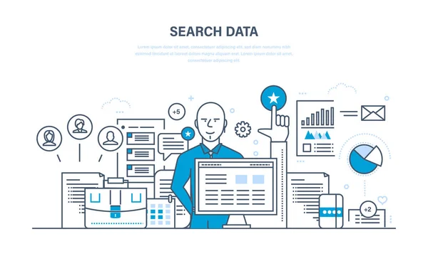 Zoeken van gegevens, analyse en studie van de bronnen-indicatoren. — Stockvector