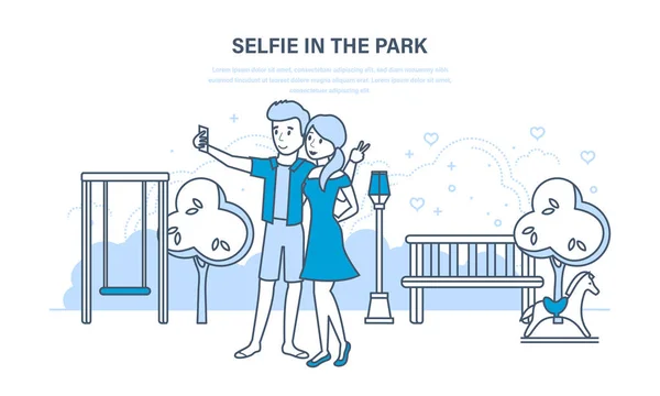 다양 한 재미를 하 고 몇 selfie 공원에서. — 스톡 벡터
