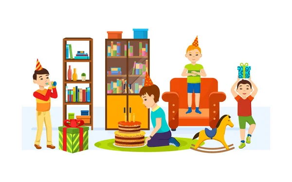 Children having fun in living room on a holiday evening. — Stock Vector