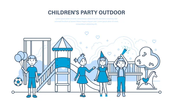 Fiesta de niños al aire libre, en el parque infantil, para relajarse y celebrar — Archivo Imágenes Vectoriales