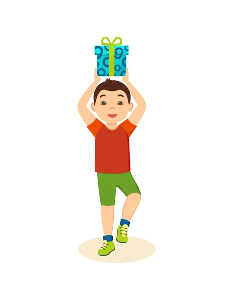 Junge in Feierlaune fröhlich mit Geschenk. — Stockvektor