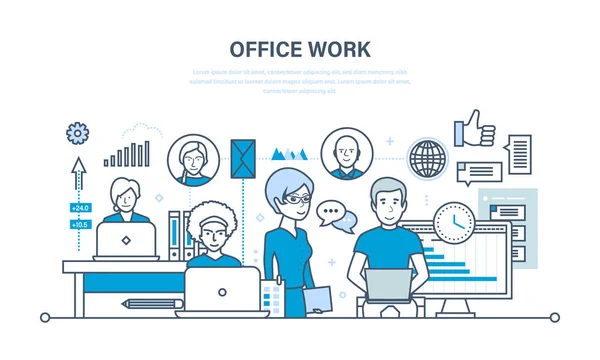 Ofis işyeri, performans değerlendirme, analiz, planlama, denetim, ekip çalışması sonuçları. — Stok Vektör