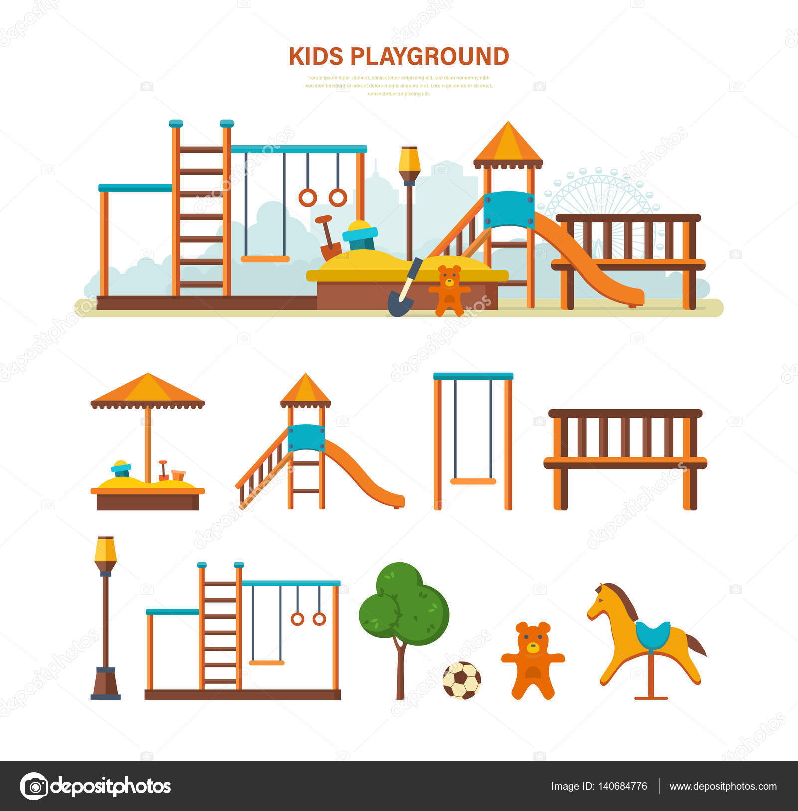 Illustrazione di concetto parco giochi di intrattenimento per bambini con uno scivolo Panche una sandbox un altalena e un parco di ricreazione