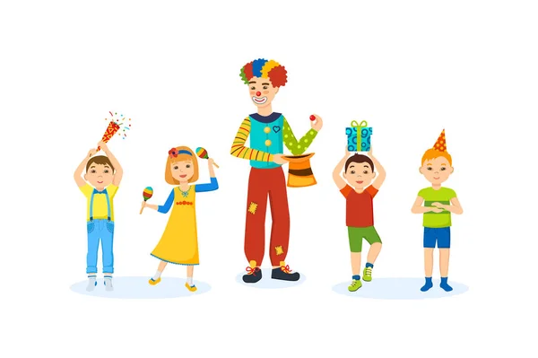 Children have fun with a clown animator home in room. — Stock Vector