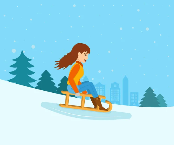 Jeune fille roulé vers le bas de la pente de montagne sur un traîneau — Image vectorielle