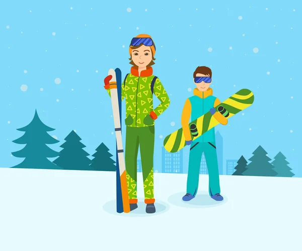 Homem com snowboard e esquis menina, de pé na montanha . —  Vetores de Stock