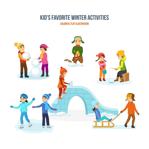 Actividades favoritas de invierno para niños. muñeco de nieve, fuegos artificiales, pesca, patinaje, diapositivas, trineo . — Vector de stock