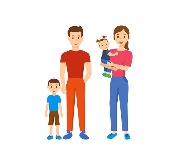 Jovem família feliz de quatro: pai, mãe, filho, filha bebê . —  Vetores de Stock