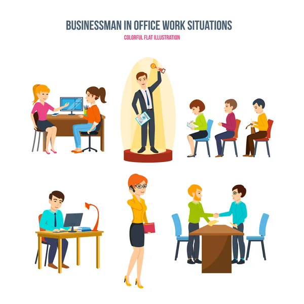 Zakenman in office werk situaties concept: bespreking, conferentie, communicatie, partnerschappen. — Stockvector