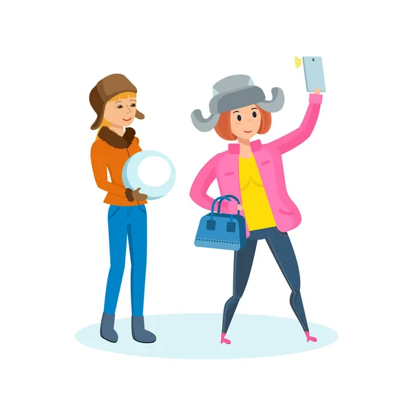 Meisje met telefoon in zijn hand maken selfie — Stockvector