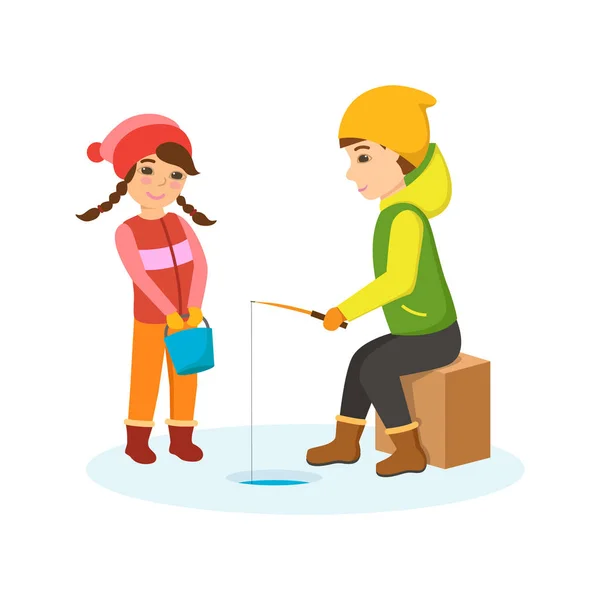Boy and girl in warm clothes on the winter fishing. — Stock Illustration Boy and girl in warm clothes on the winter fishing. Stock Vector