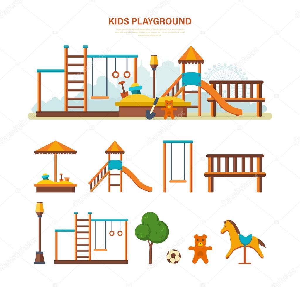 Childrens entertainment playground, benches, sandbox, swing, recreation park.