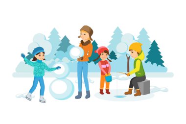 Çocukların kış etkinlikleri: kaymak, kardan adam, kış balıkçılık yapan heykeltraşlık.