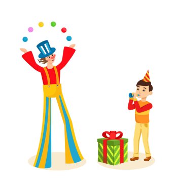 Clown animator entertains the audience on a cheerful celebration event. clipart