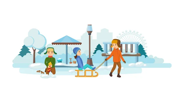 Kinderen spelen in de Speeltuin, setup vuurwerk raket in sneeuwjacht. — Stockvector
