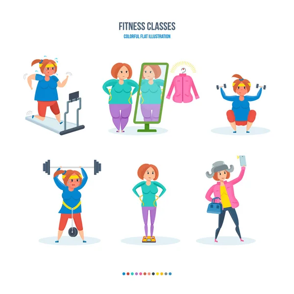 Het verliezen van gewicht meisjes: loopband met halters, barbell, oefening, selfie van resultaat. — Stockvector