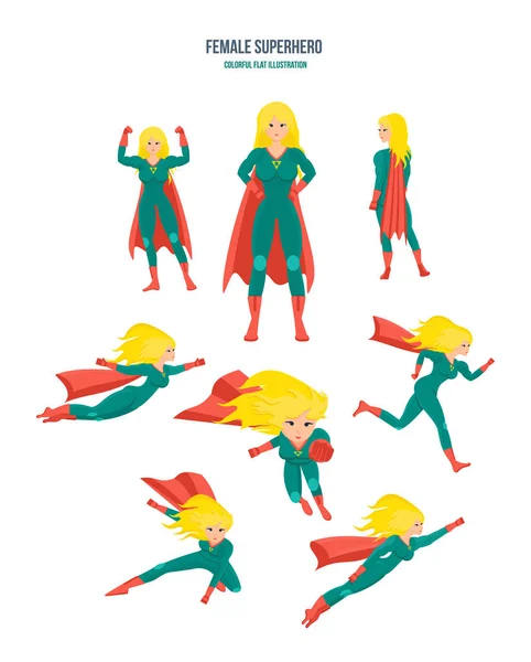 Женщина-супергерой в разных ситуациях и позирует, в костюме . — стоковый вектор