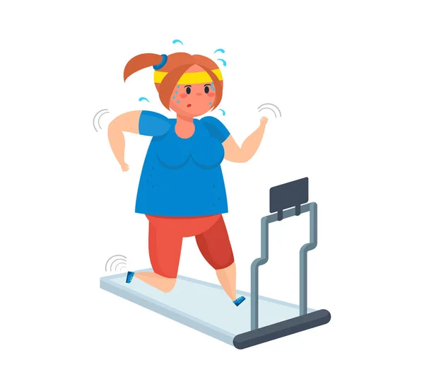 Full girl goes in for sports, moving on a treadmill. — Stock Vector