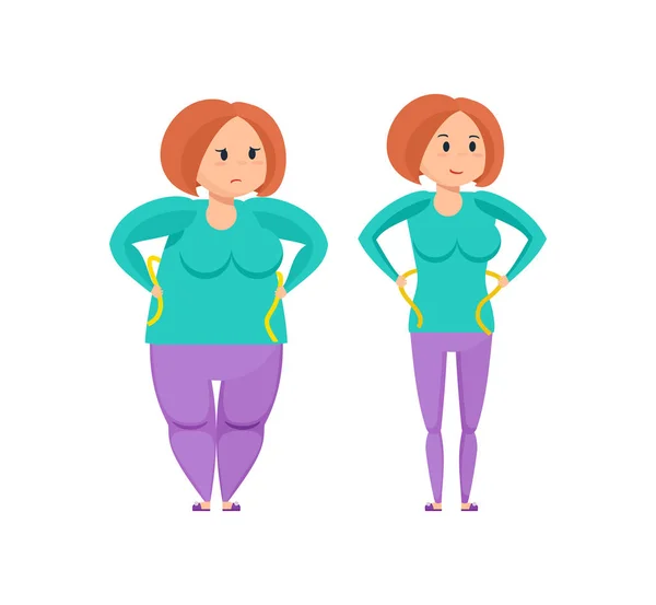 Fitness sınıfları kavramı. Kız önce ve sonra kilo kaybı. — Stok Vektör