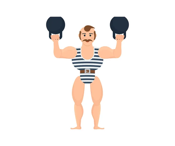 Hombre atleta entretiene, entretiene a la audiencia, mostrando ejercicios de fuerza con pesas . — Archivo Imágenes Vectoriales