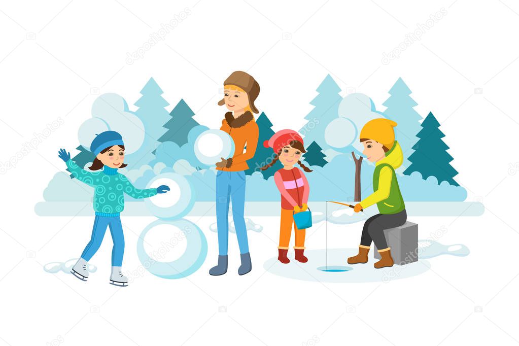 Children winter activities: skate, sculpt snowman, engaged in winter fishing.