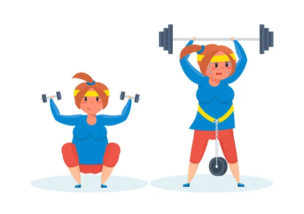 Full girl engaged in sports exercises with dumbbells and barbell. — Stock Vector