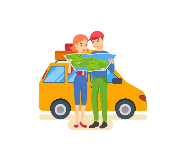 Καλοκαιρινά ταξίδια - οικογενειακό ταξίδι στη ζεστή χώρα στο αυτοκίνητό του. — Διανυσματικό Αρχείο
