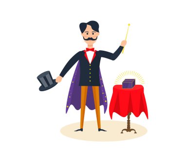 Magician entertains, amuses the audience, showing magic tricks, amazing rooms. clipart