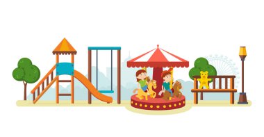 Çocuk eğlence parkında eğlenmek ve carousel binmek.