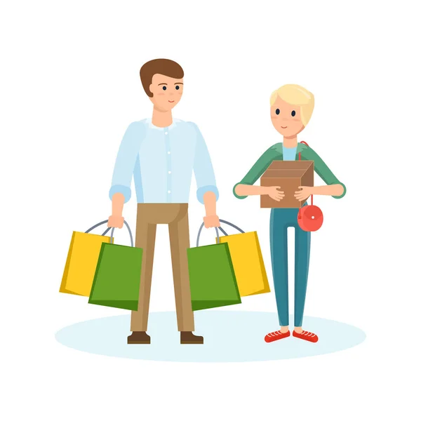 Jovem casal caminhando pelo shopping, compras e planos aquisições . — Vetor de Stock